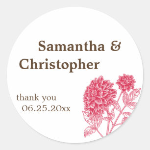 Sticker Rond Rouge dahlia fleur mariage faveur tag sceau étique