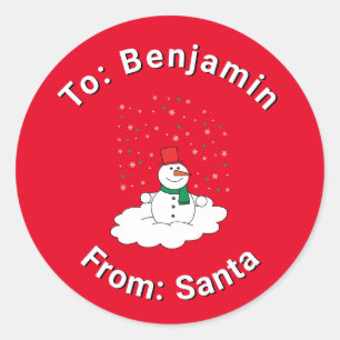 Sticker Rond Rouge De Père Noël Nom Personnalisé Snowman Snowfl