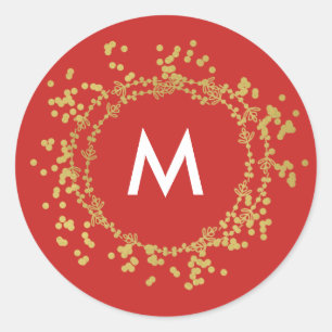 Sticker Rond Rouge décoratif de Noël d'or de monogramme
