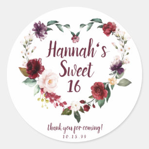 Sticker Rond Rouge Floral Coeur Doux 16 Merci de fête