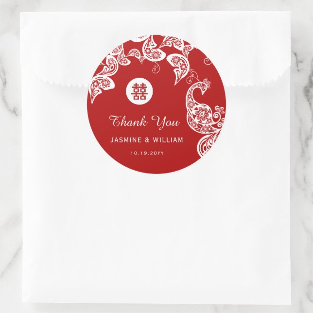 Sticker Rond Rouge Floral Peacock Double Bonheur Mariage asiati (Sac)