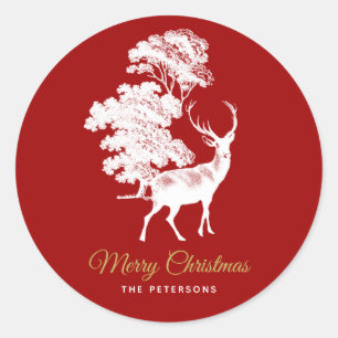 Sticker Rond Rouge français classique Cerf en toile en forêt
