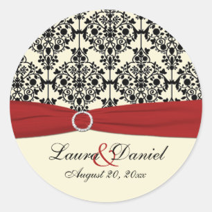 Sticker rond rouge, ivoire et noir Damas de 1,5 po