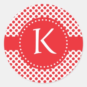 Sticker Rond Rouge monogramme sur point Polka blanc
