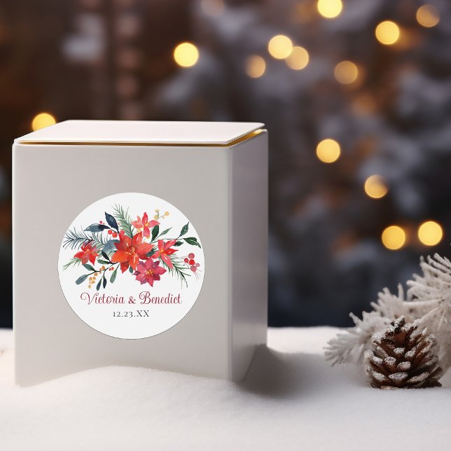 Sticker Rond Rouge Noël Poinsettia Élégant Mariage floral (Créateur téléchargé)