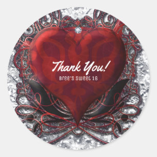 Sticker Rond Rouge Noir Argent Saint Valentin Coeur Gothique Ro