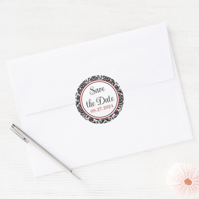 Sticker Rond Rouge, noir, blanc Mariage damassé (Enveloppe)