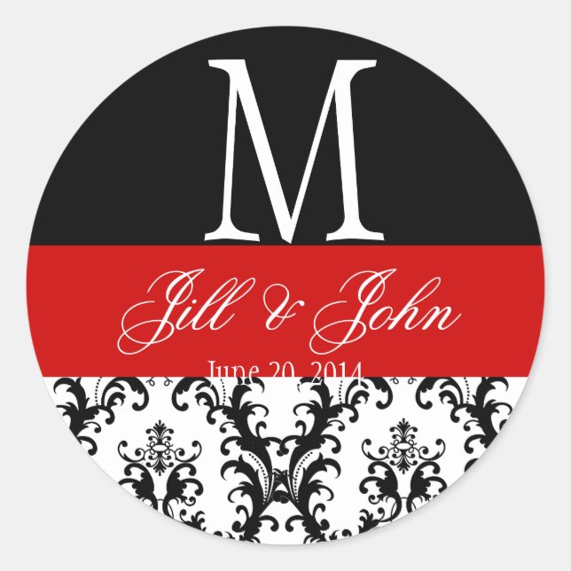 Sticker Rond Rouge noir blanc Mariage Monogramme Date Damask Se (Devant)