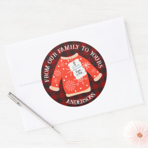 Sticker Rond Rouge Noir Carreaux Pull Démodé Joyeux Noël