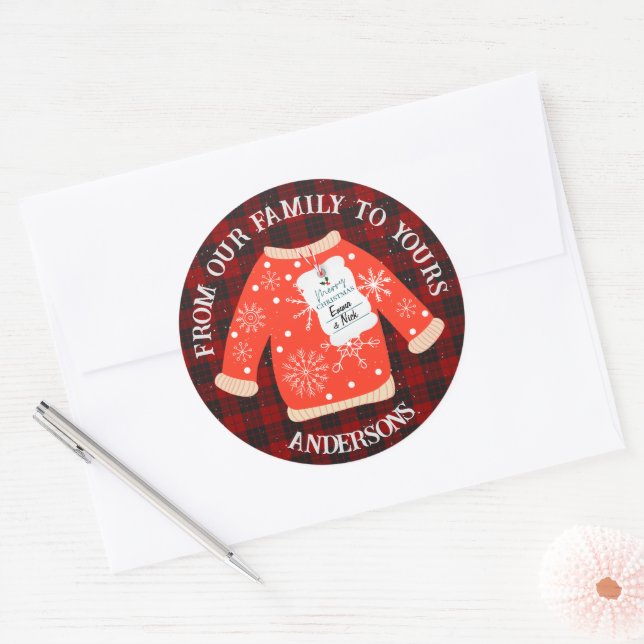 Sticker Rond Rouge Noir Plaid Doux laide mou Joyeux Noël (Enveloppe)
