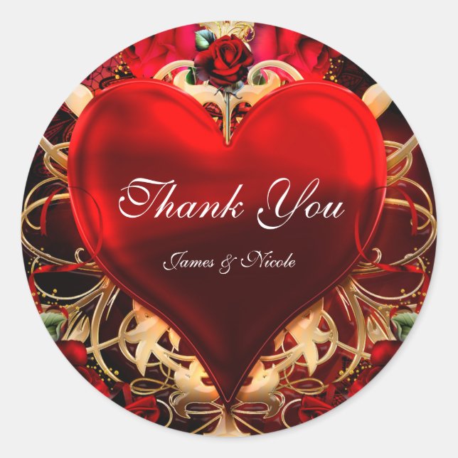 Sticker Rond Rouge & Or Gothique Amour Coeur Mariage Faveur (Devant)