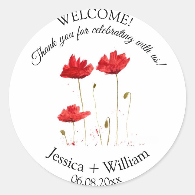 Sticker Rond Rouge Poppies Aquarelle Floral Mariage moderne (Devant)