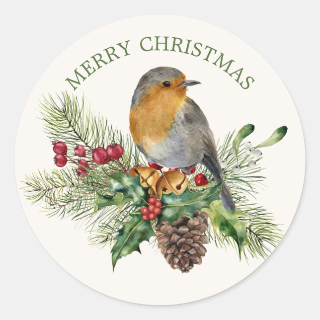 Sticker Rond Rouge robin, pin, cônes, saint mistletoe Noël (Devant)
