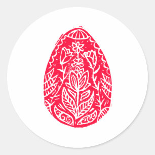 Sticker Rond Rouge Rustique Floral Oeuf de Pâques Linocut