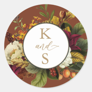 Sticker Rond Rouge rustique Orange Floral Bouquet Mariage Mono