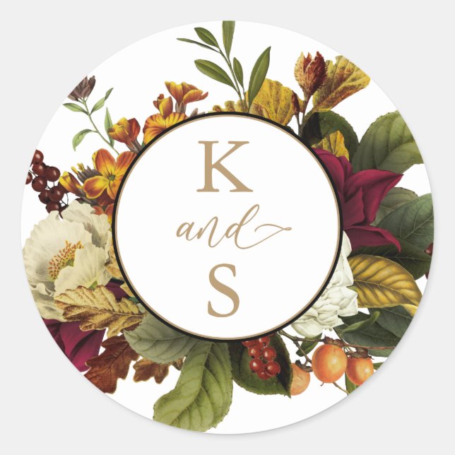 Sticker Rond Rouge rustique |Orange Floral Bouquet Mariage Mono (Devant)