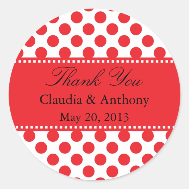 Sticker Rond Rouge sur blanc Polka Dot Merci Mariage (Devant)