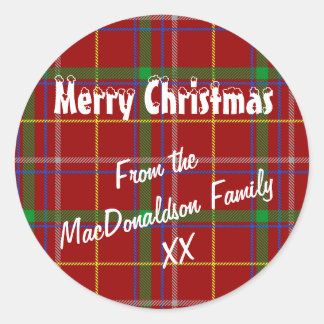 Sticker Rond Rouge tartan plaid Joyeux Noël
