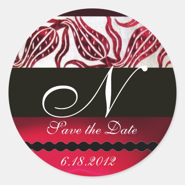 Sticker Rond ROUGE VELVET DAMASK TULIPS MONOGRAMME Bourgogne Bl (Devant)