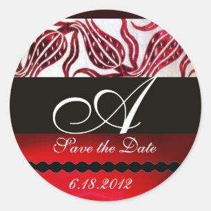 Sticker Rond ROUGE VELVET DAMASK TULIPS MONOGRAMME Bourgogne Bl
