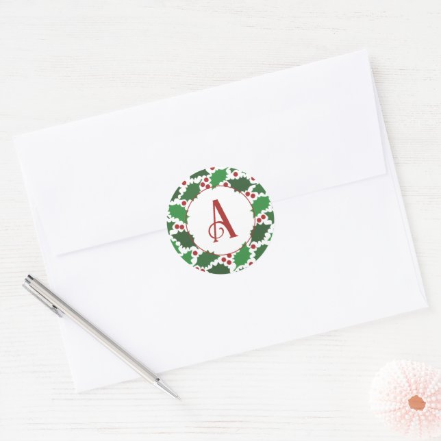 Sticker Rond Rouge & Vert Jolly Holly Monogramme (Enveloppe)