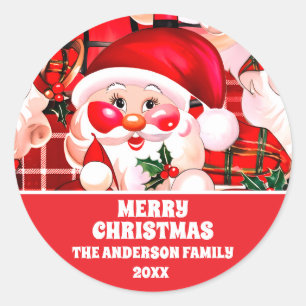 Sticker Rond Rouge Vintage Père Noël Tartan Plaid Noël