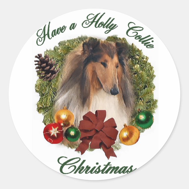 Sticker Rond Rough Collie Cadeaux de Noël (Devant)