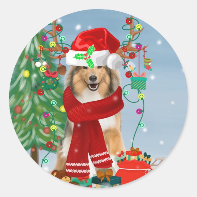 Sticker Rond Rough Collie Chien dans neige cadeau de Noël (Devant)