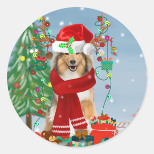 Sticker Rond Rough Collie Chien dans neige cadeau de Noël