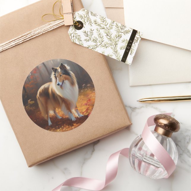 Sticker Rond Rough Collie dans l'automne Leaves automne Inspire (Cadeaux)