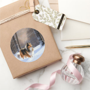 Sticker Rond Rough Collie Laisser Neige Noël