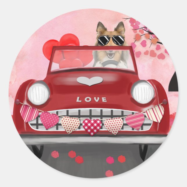 Sticker Rond Rough Collie voiture chien avec les coeurs Valenti (Devant)