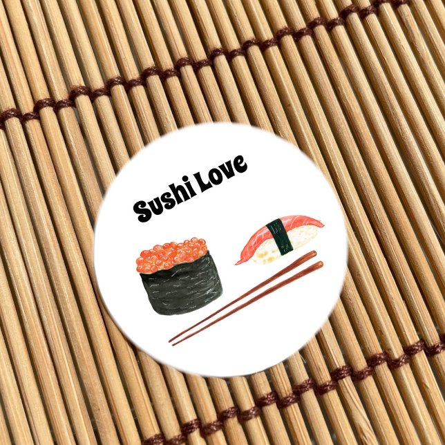 Sticker Rond Rouleaux De Sushi Aquarelle Avec Baguettes (Créateur téléchargé)