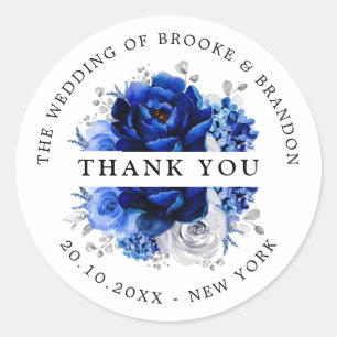 Sticker Rond Royal Bleu Blanc Argent Mariage métallique Merci