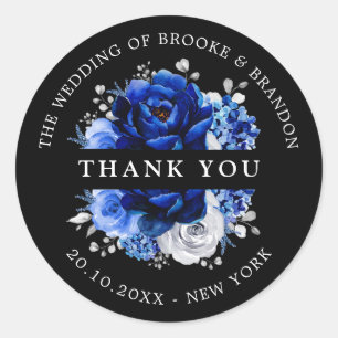 Sticker Rond Royal Bleu Blanc Argent Mariage métallique Merci