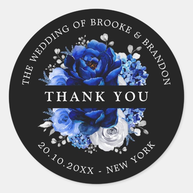 Sticker Rond Royal Bleu Blanc Argent Mariage métallique Merci (Devant)