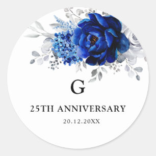 Sticker Rond Royal Bleu Blanc Métallique Argent Floral Mariage