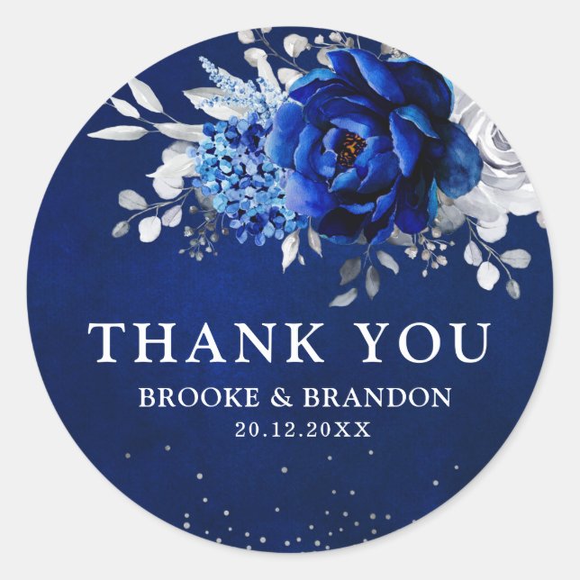 Sticker Rond Royal Bleu Blanc Métallique Argent Floral Mariage  (Devant)