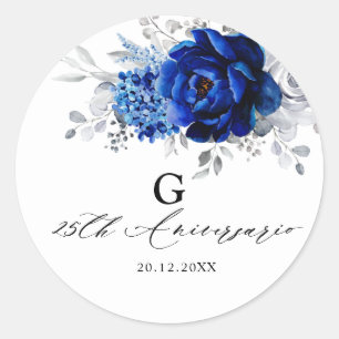 Sticker Rond Royal Bleu Blanc Métallique Argent Floral Mariage