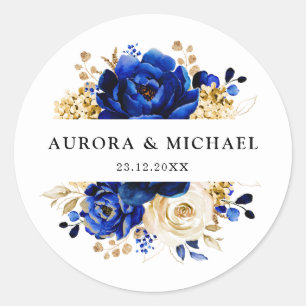 Sticker Rond Royal Bleu Jaune Or Mariage métallique Floral