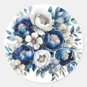 Sticker Rond Royal Blue and Silver Glittery Peony Mariage
