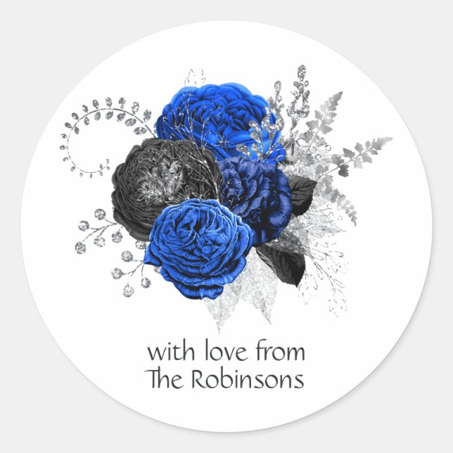 Sticker Rond Royal Blue, Black et Silver Floral (Devant)