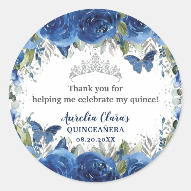 Sticker Rond Royal Blue Floral Papillons Rose Couronne d'argent (Devant)