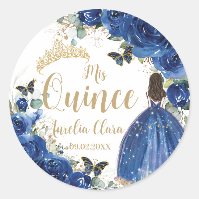 Sticker Rond Royal Blue Floral Princess Gold Quinceañera Quince (Devant)