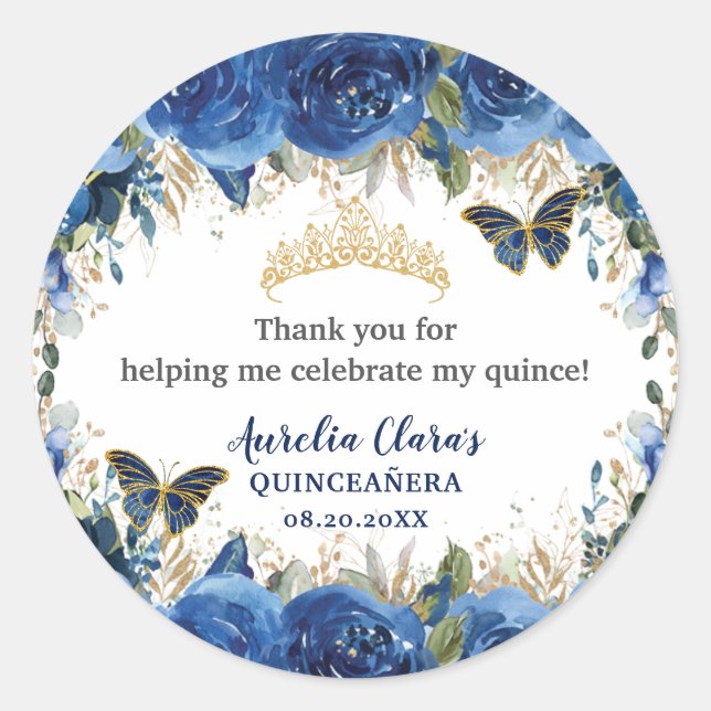 Sticker Rond Royal Blue Floral Rose Gold Butterflies Crown (Devant)
