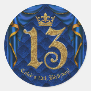 Sticker Rond Royal Blue & Gold Crown 13 13e fête d'anniversaire