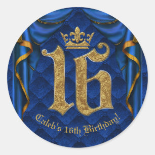 Sticker Rond Royal Blue & Gold Crown 16 16e fête d'anniversaire