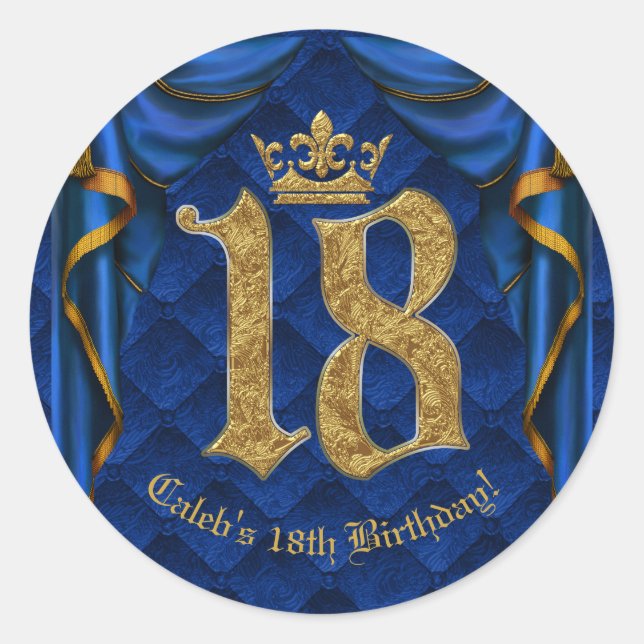 Sticker Rond Royal Blue & Gold Crown 18 18e fête d'anniversaire (Devant)