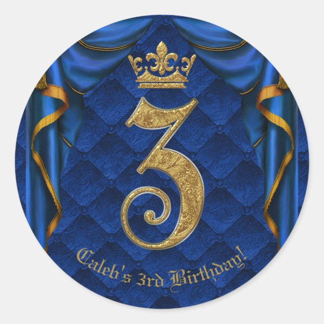 Sticker Rond Royal Blue & Gold Crown 3 3e fête d'anniversaire (Devant)