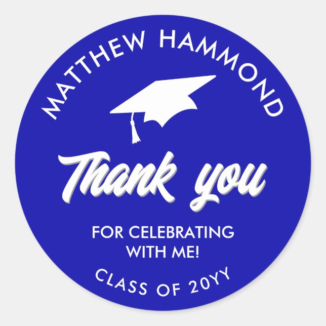Sticker Rond Royal Blue Graduating Class Thank You Grad Cap (Devant)